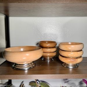 Mid century wooden salad bowl set with chrome bottom